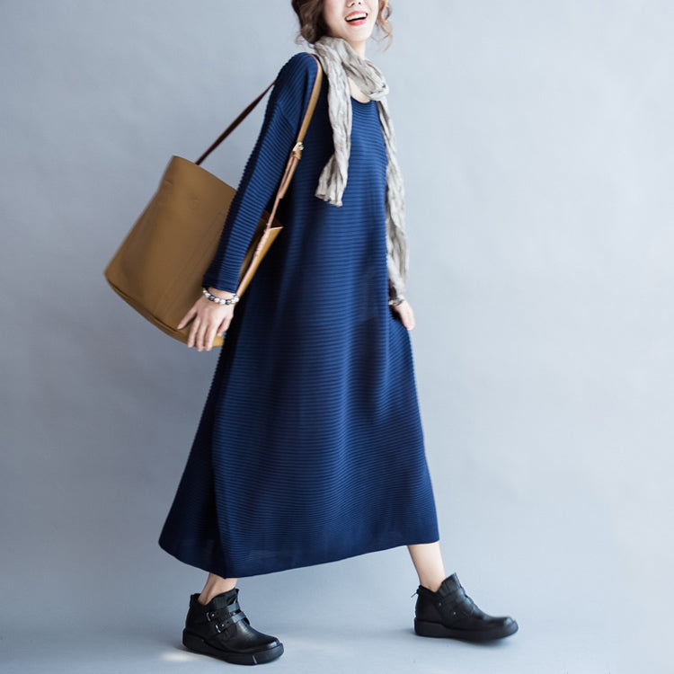 Blue Warm Knit Dresses Oversize O Neck Sweater Dress