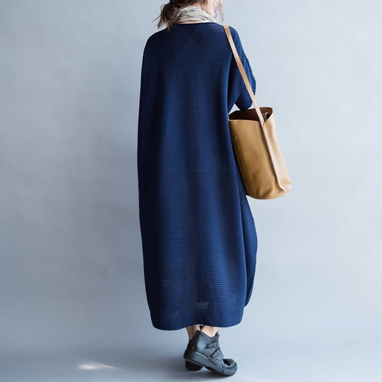 Blue Warm Knit Dresses Oversize O Neck Sweater Dress