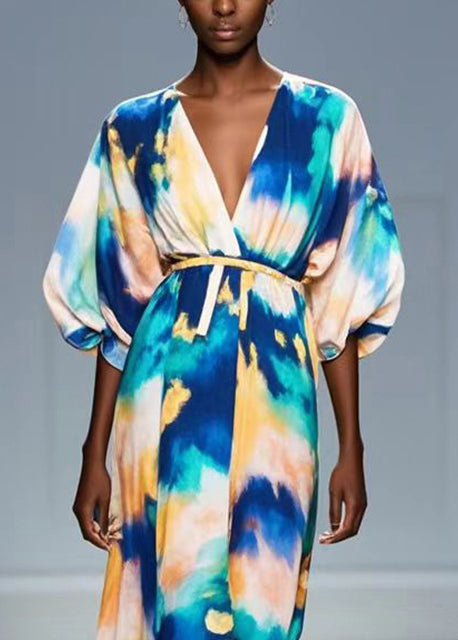 Bobo Blue Tie Dye Chiffon Dress V Neck Lantern Sleeve