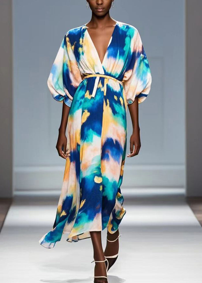 Bobo Blue Tie Dye Chiffon Dress V Neck Lantern Sleeve