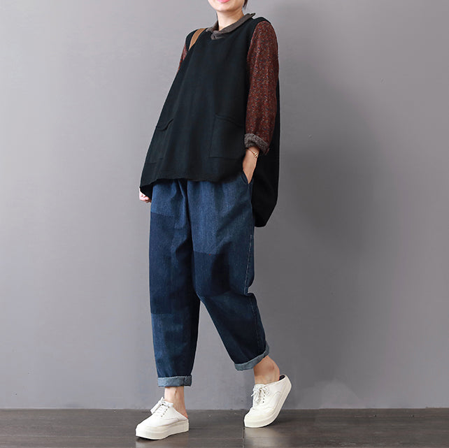Boutique Black Sweaters Big Pockets Sweaters Sleeveless Shirt
