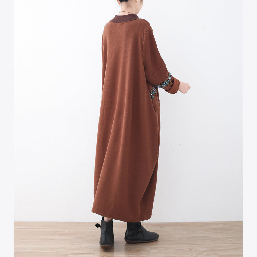 Boutique Brown Sweater Dress Fall Patchwork Pullover Fine High Neck Winter Dress