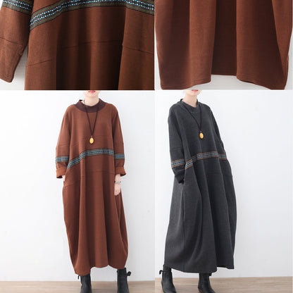 Boutique Brown Sweater Dress Fall Patchwork Pullover Fine High Neck Winter Dress