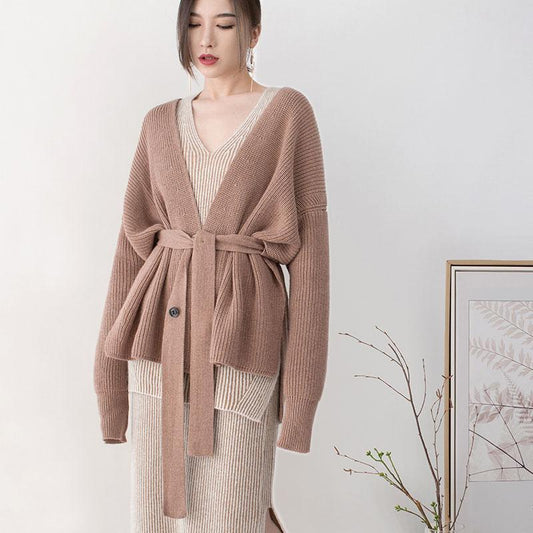 Boutique Brown Winter Sweater Loose Fitting V Neck Knitted Blouses Fine Tie Waist Sweaters