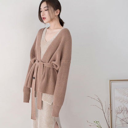 Boutique Brown Winter Sweater Loose Fitting V Neck Knitted Blouses Fine Tie Waist Sweaters