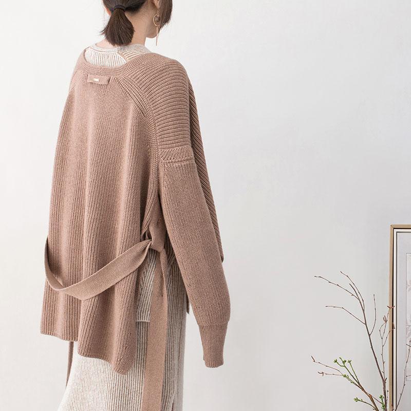 Boutique Brown Winter Sweater Loose Fitting V Neck Knitted Blouses Fine Tie Waist Sweaters