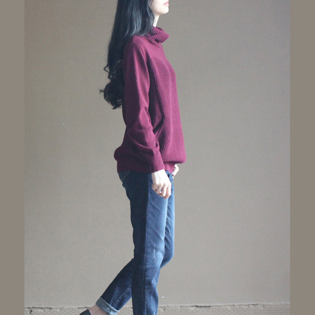 Boutique Burgundy Winter Sweater Loose Fitting Knitted Tops Thick Blouse Long Sleeve