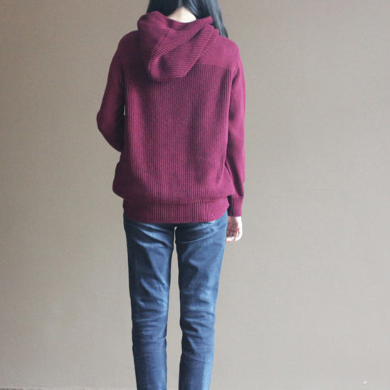 Boutique Burgundy Winter Sweater Loose Fitting Knitted Tops Thick Blouse Long Sleeve