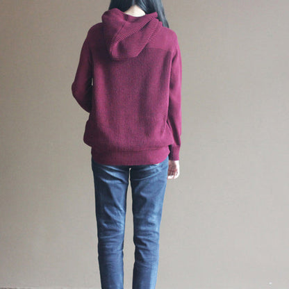Boutique Burgundy Winter Sweater Loose Fitting Knitted Tops Thick Blouse Long Sleeve