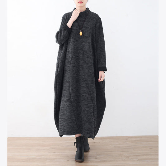 Boutique Dark Gray Knit Dresses Loose Fitting Asymmetrical Pullover High Neck Dress