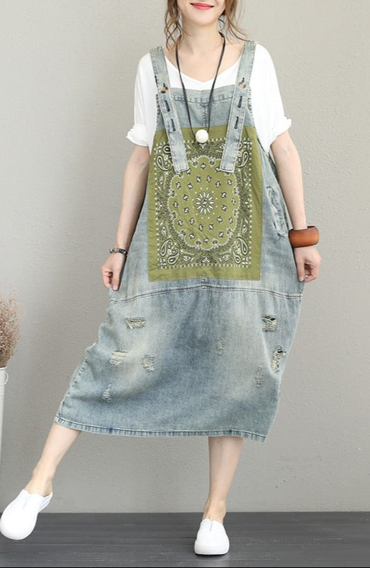 Boutique Denim Light Blue Natural Cotton Dress Oversize Sleeveless Gown Patchwork Prints Dresses