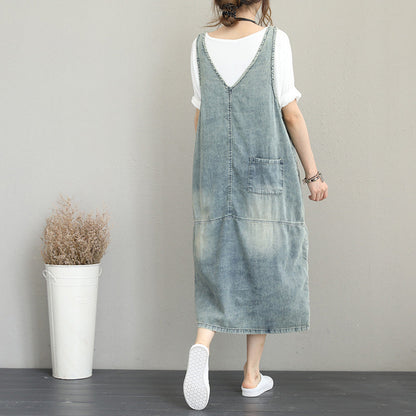Boutique Denim Light Blue Natural Cotton Dress Oversize Sleeveless Gown Patchwork Prints Dresses