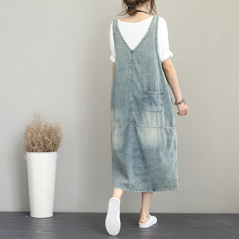 Boutique Denim Light Blue Natural Cotton Dress Oversize Sleeveless Gown Patchwork Prints Dresses