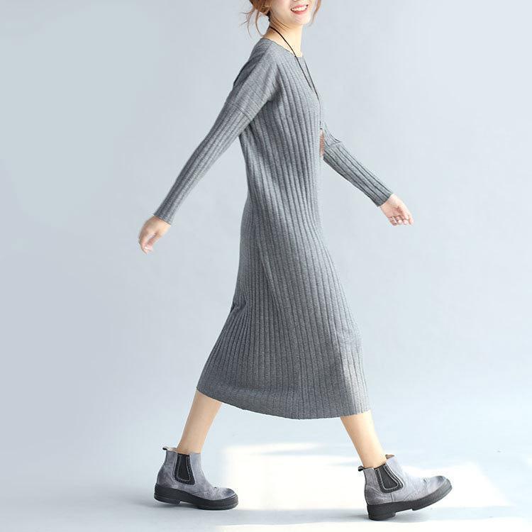 Boutique Gray Sweater Dresses Oversized O Neck Winter Dress Long Sleeve Pullover Sweater