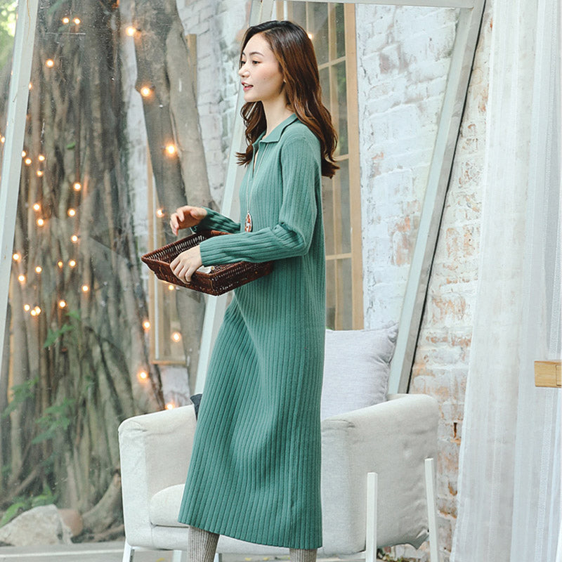 Boutique Green Knit Dresses V Neck Long Knit Sweaters Square Collar Pockets Winter Dresses