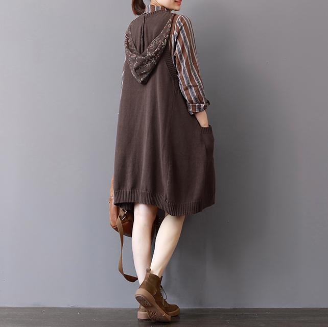 Boutique Khaki Knit Dress Fall Sleeveless Winter Dresses Hooded Spring Dresses