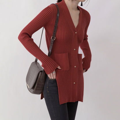 Boutique Red Sweaters Oversize V Neck Pockets Sweaters Fine Side Open Winter Sweaters