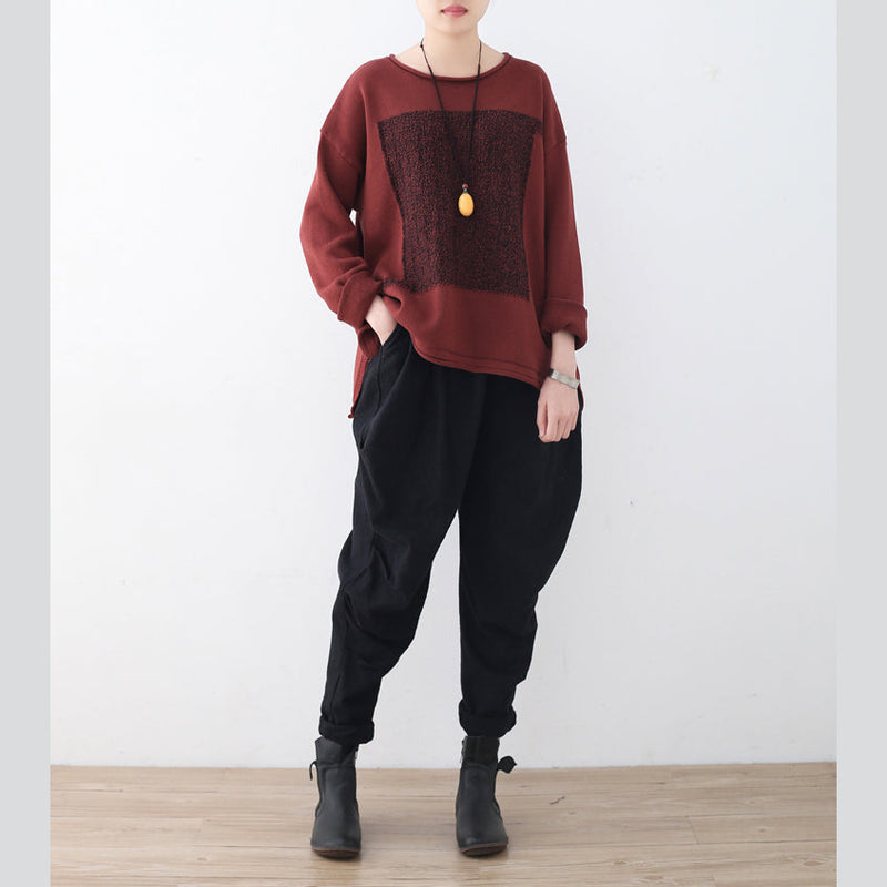 Boutique Red Winter Sweater Oversize Patchwork Knitted Blouses O Neck Top