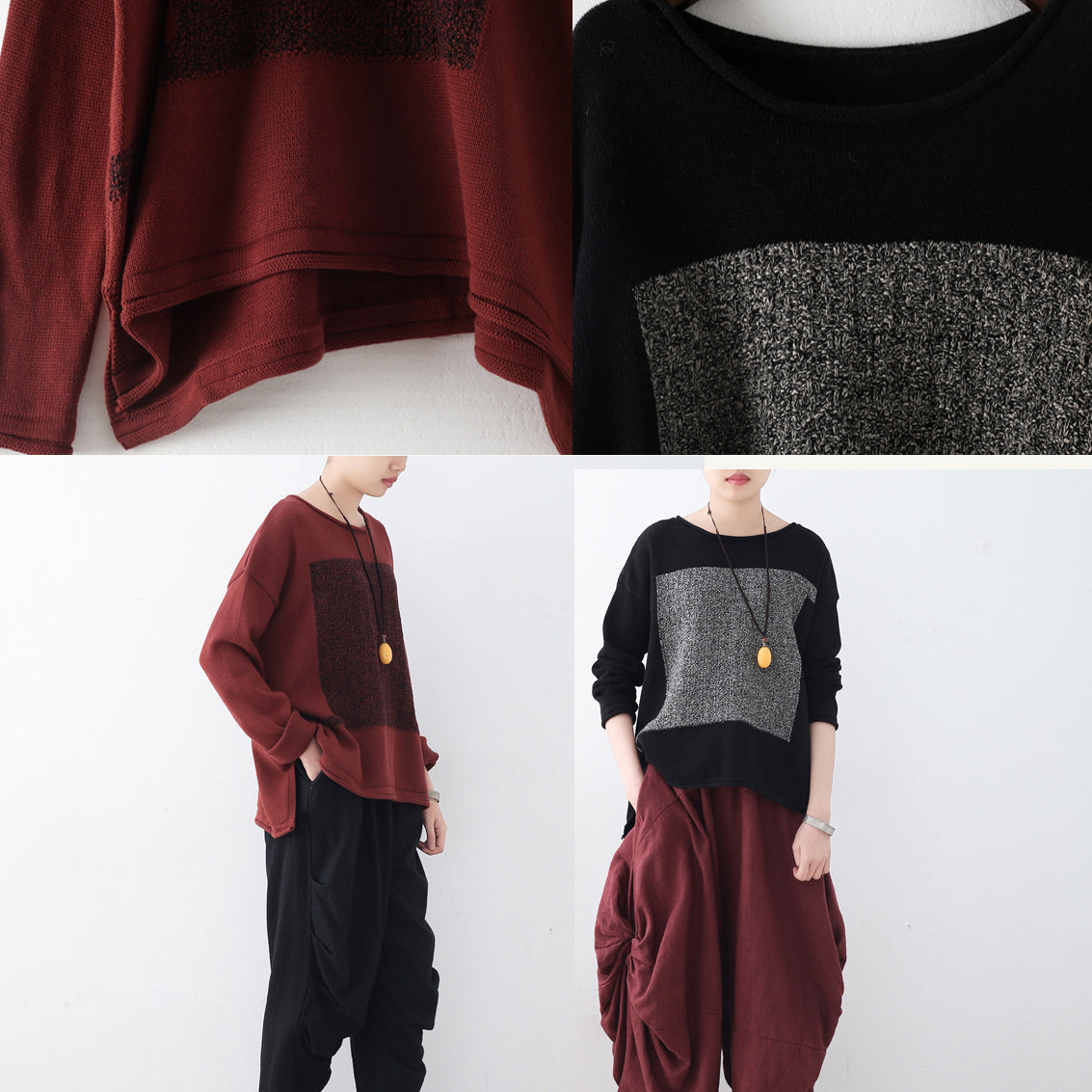 Boutique Red Winter Sweater Oversize Patchwork Knitted Blouses O Neck Top