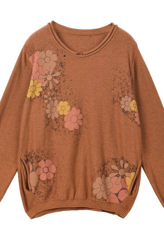 Brown Prints Knit Jacket Oversized Autumn Knitwear O Neck