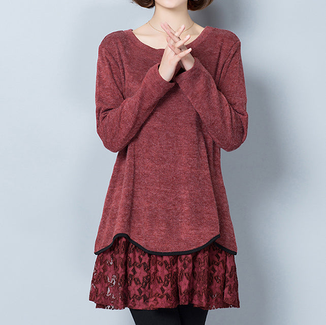 Burgundy False Two Pieces Knit Pullover Dresses O Neck Mid Dress