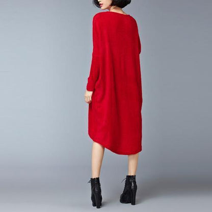 Burgundy Low High Cotton Knit Dresses Sweater Dress