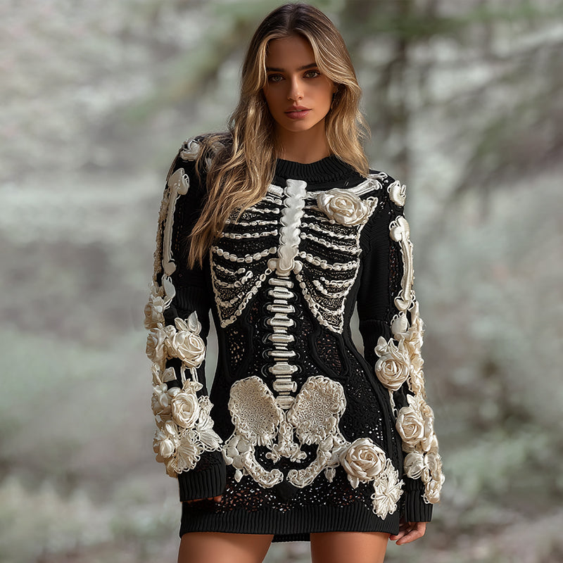 Comstylish Women's Halloween Skeleton Bones With White Rose Art Hot Sexy Style Cozy Knit Mini Sweater Dress