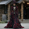 Comstylish Women's Vintage Elegant Skull Flower Pattern V-neck Long Sleeve Maxi Dress