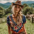 Women's Retro American Western Country Style Floral Embroidered Linen Blend V-neck T-shirt artswardrobe