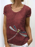 Comstylish Vintage Dragonfly Patchwork Japanese Sashiko Art Linen Blend Shirt