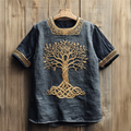 Men's Viking Tribal Tree Of Life With Celtic Knotwork Embroidered Linen Round Neck T-shirt artswardrobe