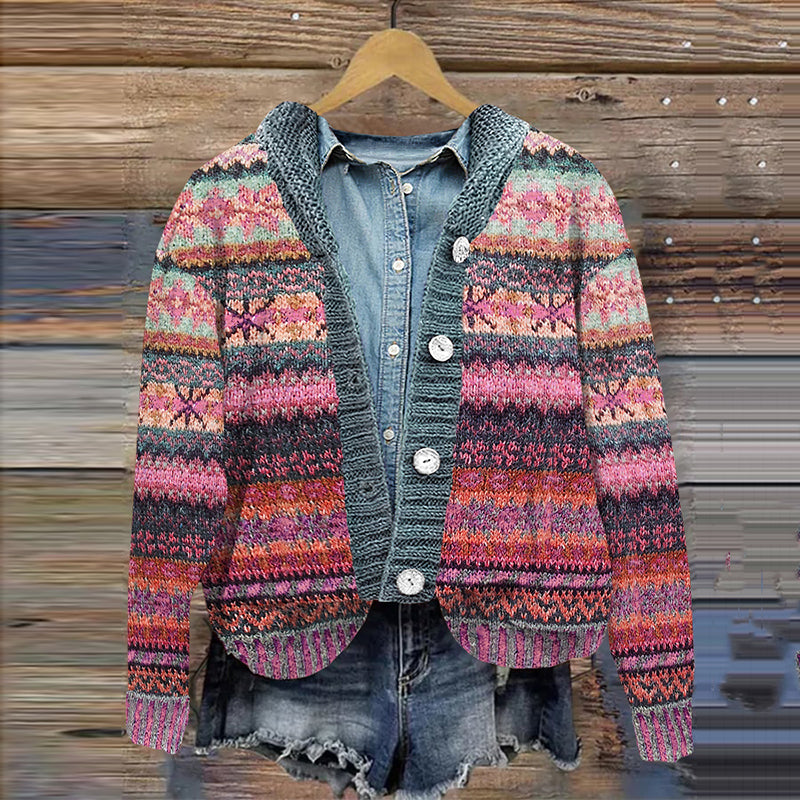 Vintage Knitted Snowflake Geometric Print Button Hooded Cardigan elevenforest