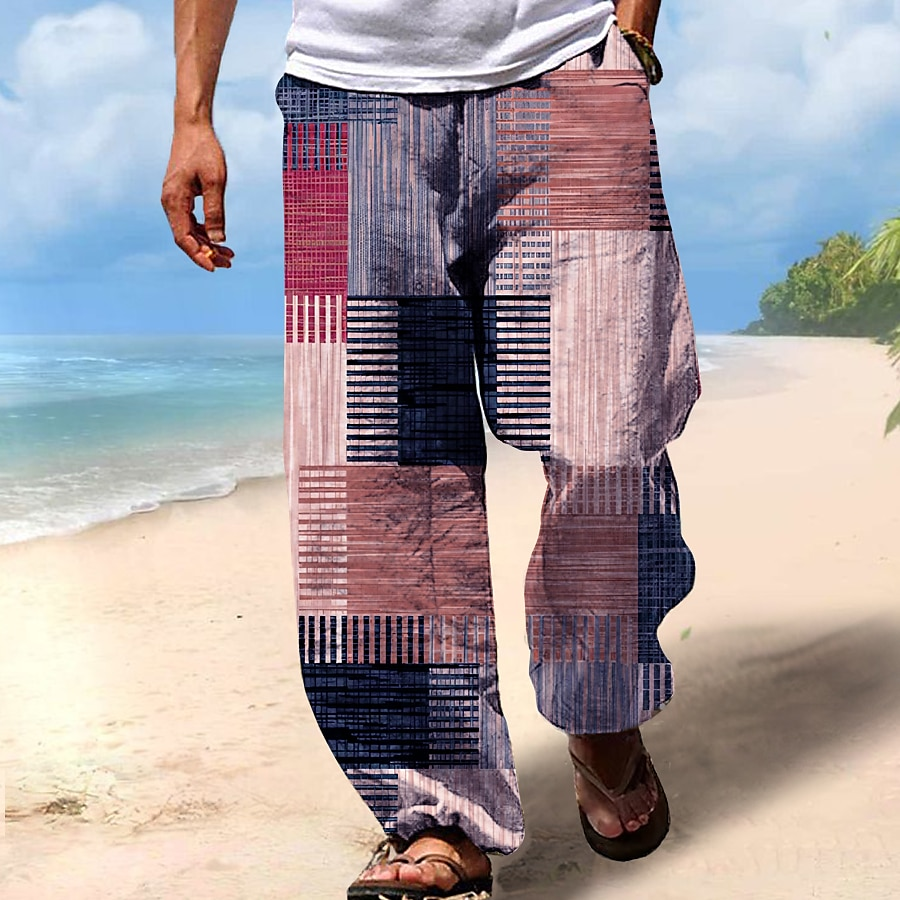 Vintage Beach Drawstring Elastic Waist Geometric Art Linen Blend Casual Pants artswardrobe