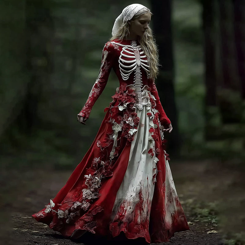 Comstylish Halloween Skeleton Bloody Roses Art Linen Maxi Dress