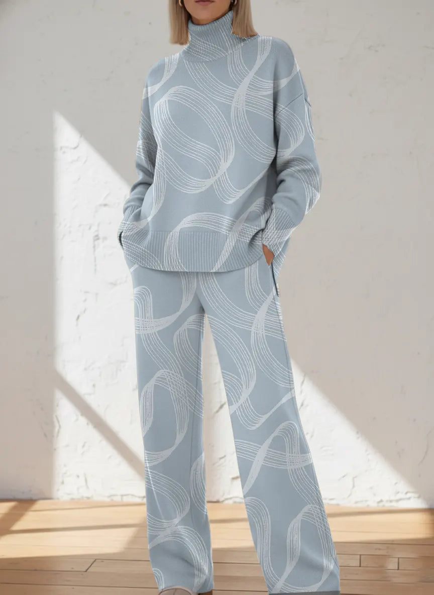 Retro Light Blue Lines Printed Casual High-neck Top And Straight-leg Pants Set