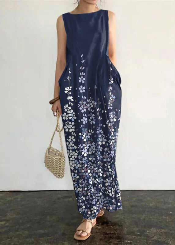 Grace Blue Flowers Print Pockets Long Dresses Sleeveless
