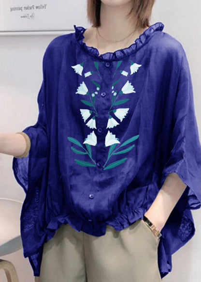 Art Navy Tops Ruffles Trim Half Sleeve Shirts Blouse