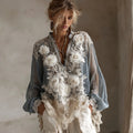 Comstylish Women's Vintage Rose Embroidery Gradient Linen V-neck Shirt