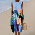 Women's Fashion Colorblock Cat Art Print Sleeveless Dress artswardrobe
