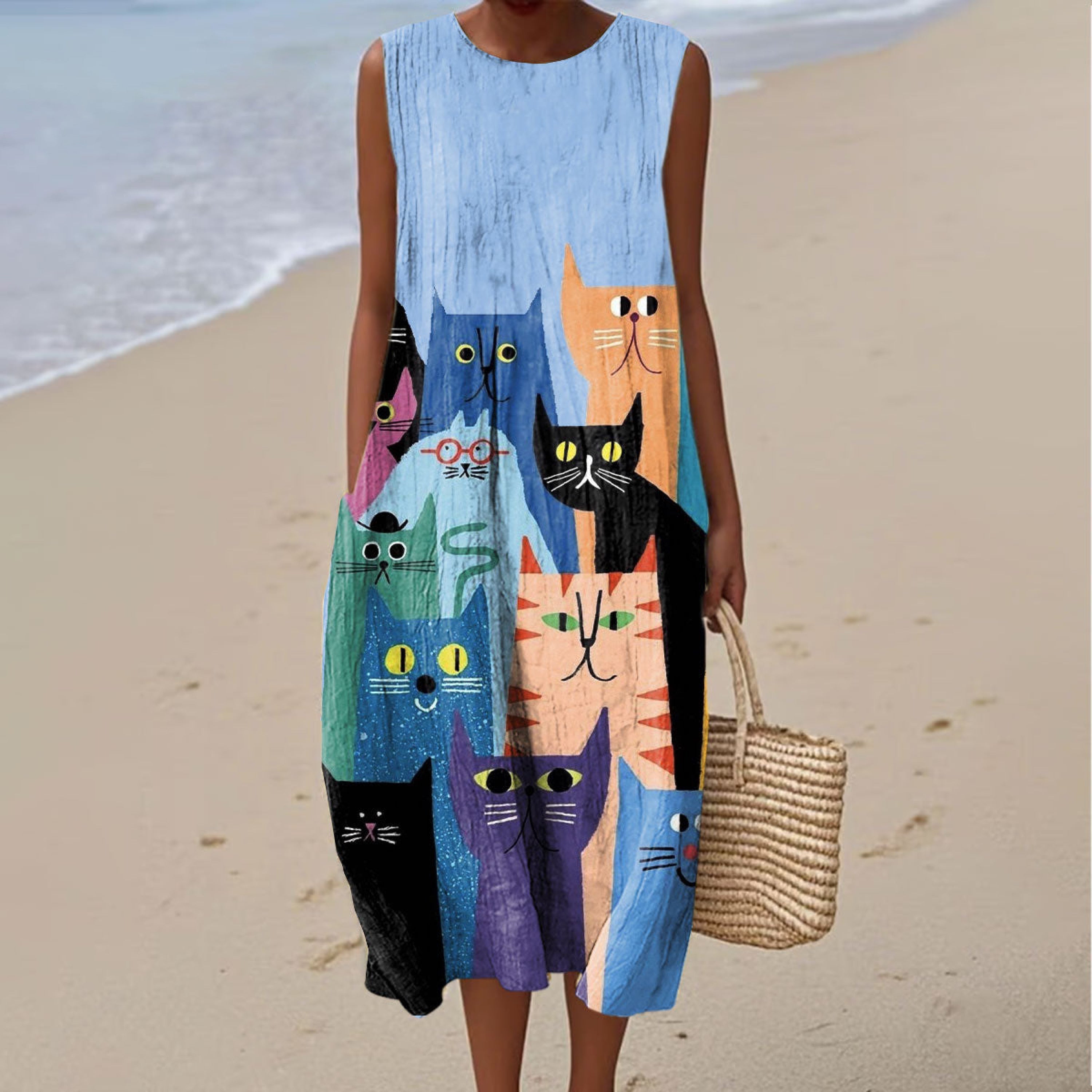 Women's Fashion Colorblock Cat Art Print Sleeveless Dress artswardrobe