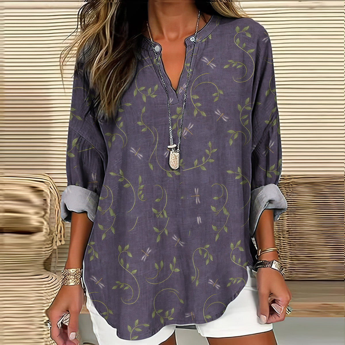 Comstylish Women's Bohemian Style Dragonfly Linen Print Casual Shirt
