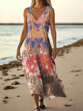 Women's Vintage Ethnic Floral Art Print Pocket Cotton Dress