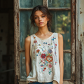Vintage Flowers Embroidery Art Linen Sleeveless Top artswardrobe