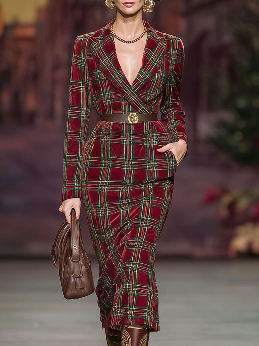 Lapel Double Pocket Plaid Silver Velvet Midi Dress