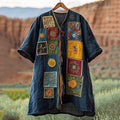 Men's Vintage Embroidered Patchwork Short Sleeve Linen T-shirt artswardrobe