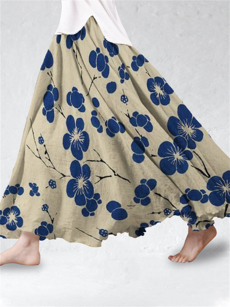 Comstylish Cherry Blossom Japanese Art Linen Blend Flowy Wide Skirt
