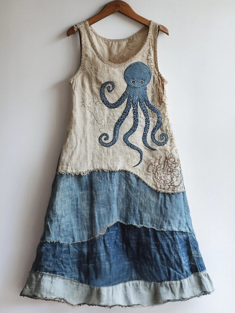 Octopus Pattern Patchwork Art Linen Blend Dress artswardrobe