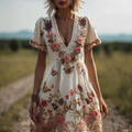 Comstylish Bohemian Style Plant Flower And Butterfly Pattern Embroidery Women's Cotton And Linen Dress