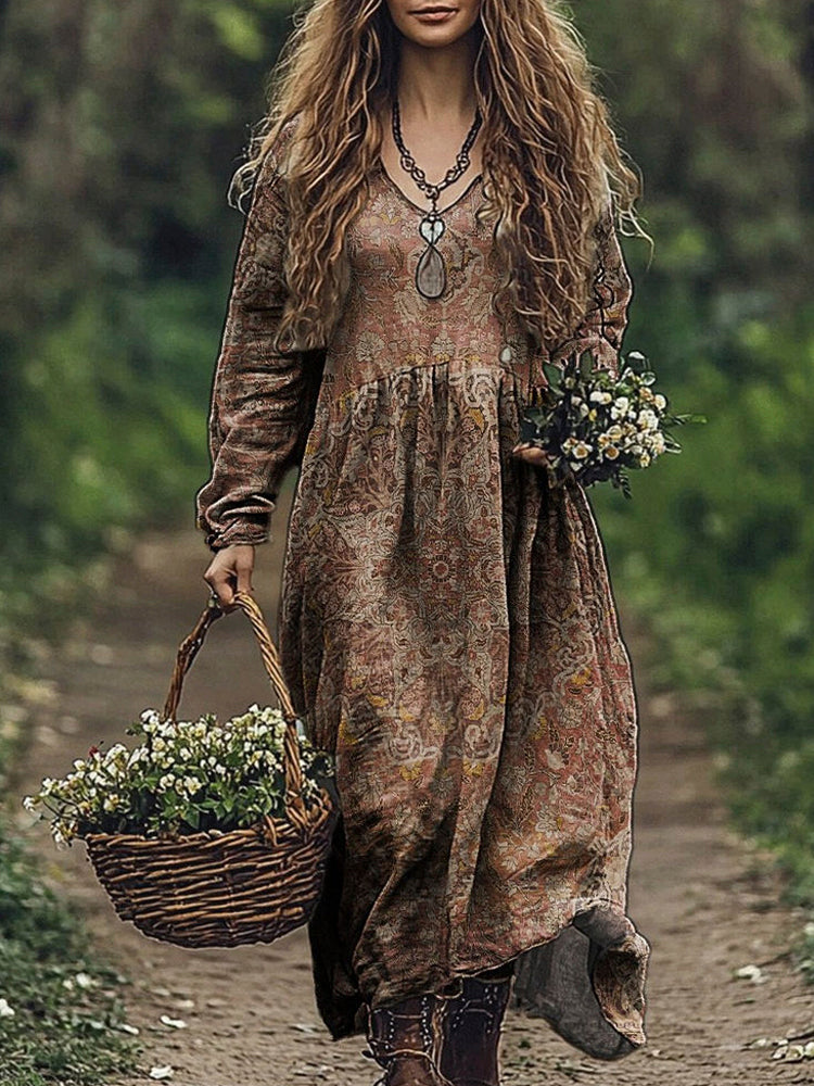 Vintage Floral Pattern Women's Flowy Maxi Dress artswardrobe