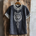 Men's Viking Wolf Celtic Embroidery Art Linen Shirt artswardrobe